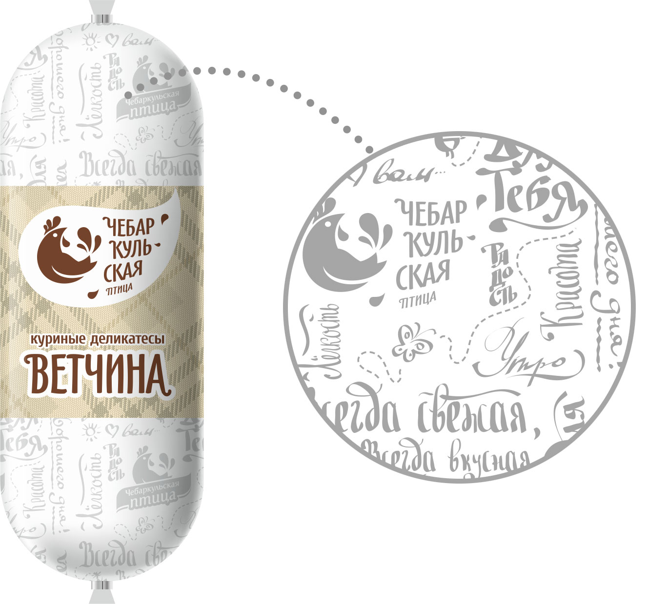 На паттерне — лого «Чебаркульская птица» и надписи, которые интересно читать. Они формируют дополнительную ассоциативную связь с брендом Портфолио Чебаркульская птица