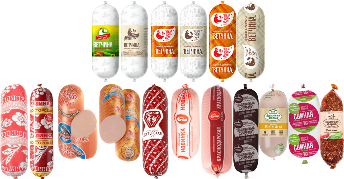 Яркий логотип на белом фоне выделяет колбасу из стройного ряда обычных классических колбас Портфолио Чебаркульская птица