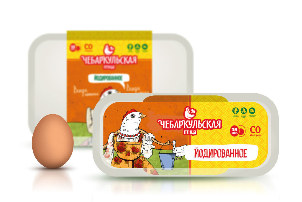 Тот же визуал — на упаковке яиц Портфолио Чебаркульская птица