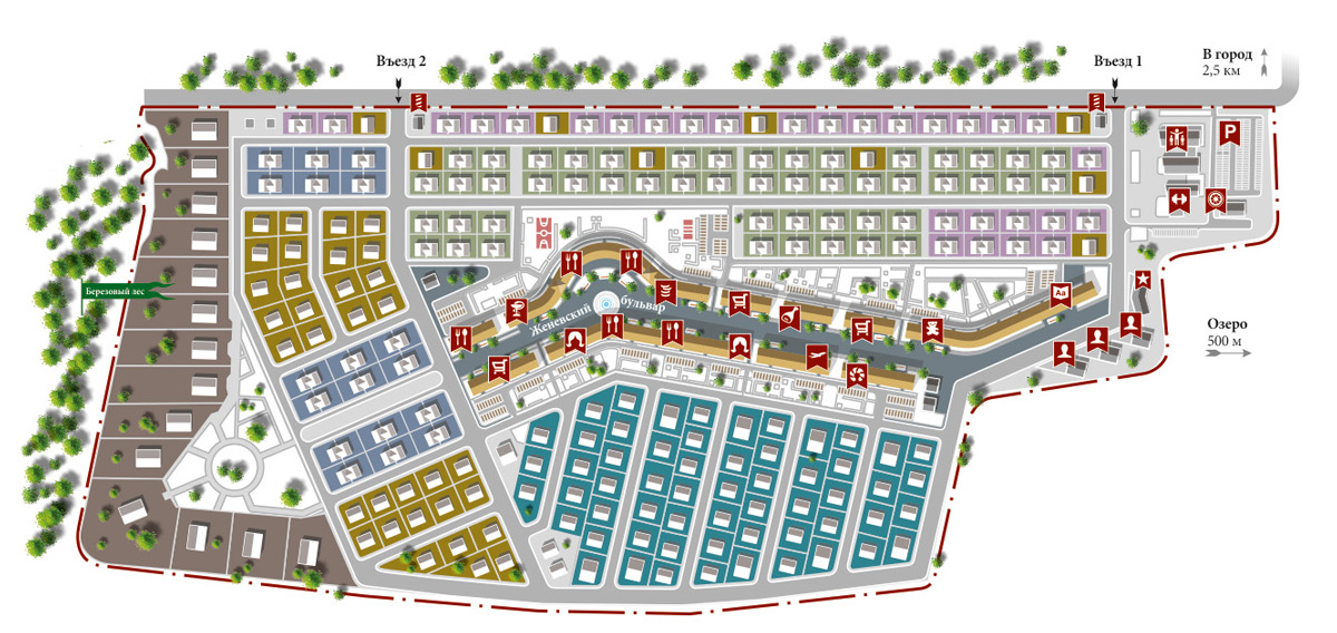 Вот такой план поселка был у заказчика. В центре — пешеходная аллея, вокруг нее многоквартирные дома. Первые этажи домов — это магазины, банки, аптеки и прочие важные объекты Портфолио Загородный поселок «Женева»